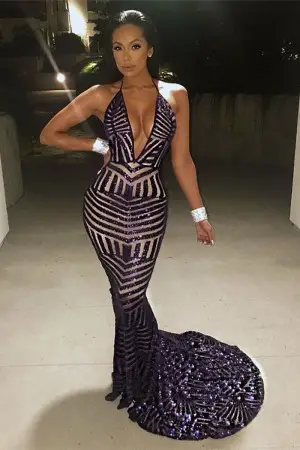 dark navy stripe sequin mermaid halter neck prom gown