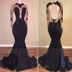 gold and black lace open back mermaid satin prom dress