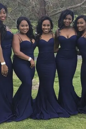 simple navy blue sweetheart mermaid bridesmaid dresses