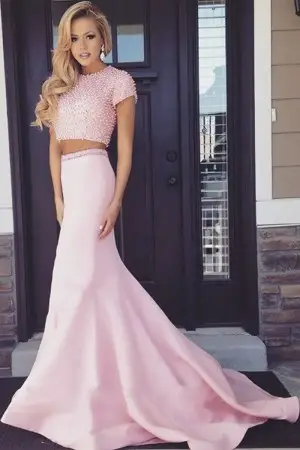 pearls beaded pink satin short sleeve two piece prom gown