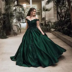 dark green off the shoulder lace and satin ball gown