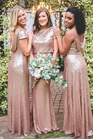 dazzling rose gold sequin mismatched bridesmaid dresses