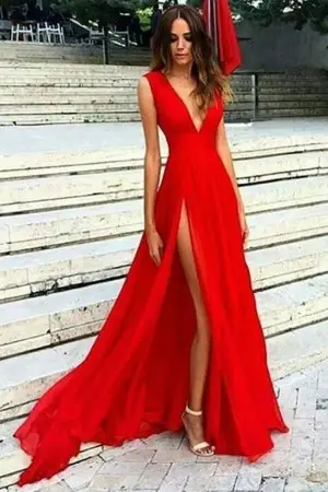 simple and sexy red chiffon v neck slit evening dress
