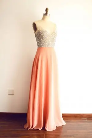shiny crystals beaded peach chiffon wedding guest dress