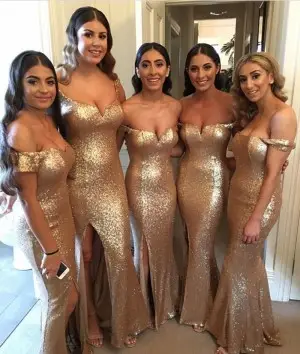 sparkly rose gold sequin off shoulder bridesmaid dresses