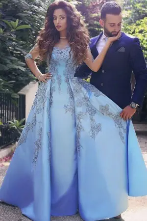 floral lace appliqued sky blue satin long engagement gown
