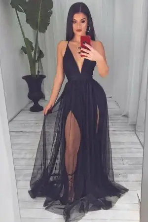 sexy sheer black tulle v neck high slit long prom dress