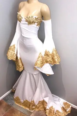 beaded gold lace appliqued bell sleeve white prom dress