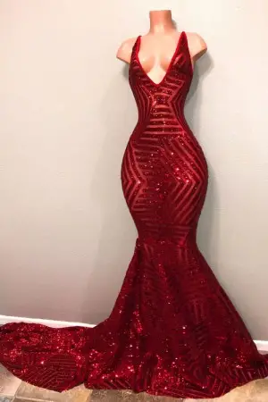 sparkly striped pattern red sequin mermaid prom dress