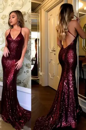 shiny sangria sequin low back mermaid evening prom dress