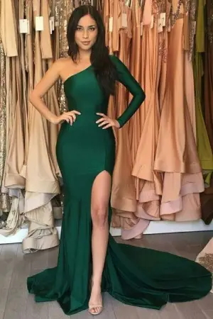 emerald sleek satin one sleeve long train prom dress