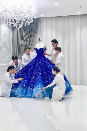 luxury leaf lace obalt blue ombre ball gown