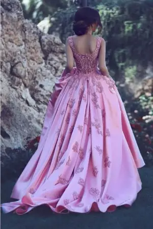 candy pink satin lace applique bridal engagement gown