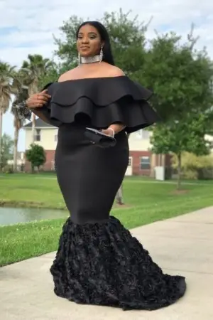 black satin ruffled neck 3d rose plus size prom dress