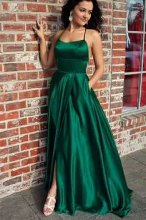 emerald sleek satin spaghetti straps military ball dress