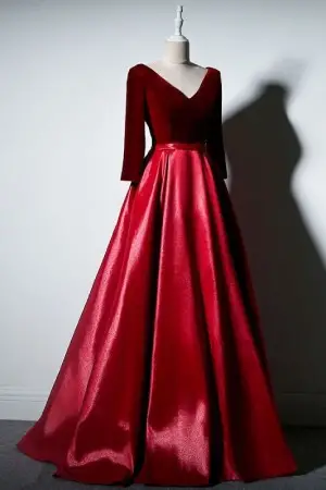 34 sleeve red velvet and satin vintage formal gown