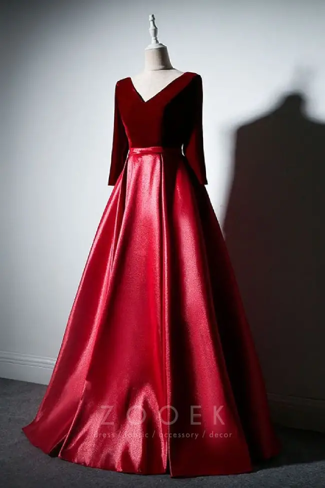 dark red velvet and scarlet red satin vintage style formal dress