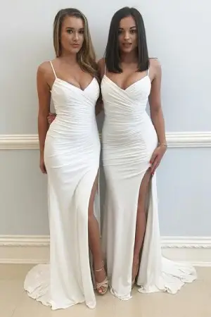 asymmetrical pleated white spandex bridal evening dress