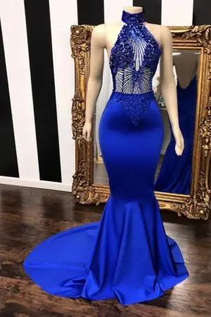 stunning illusion beaded royal blue mermaid prom dress