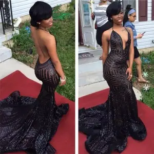 sexy backless black stripe sequin mermaid prom dress