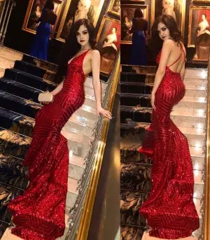 sparkly red stripe sequin low back mermaid prom dress