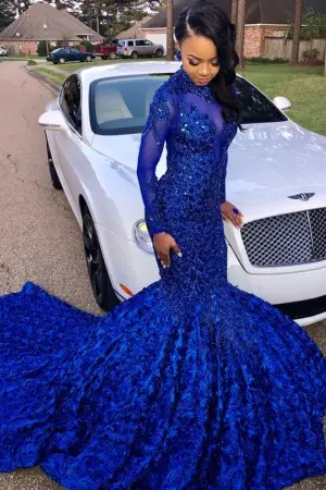 gorgeous diamond cobalt blue 3d rose mermaid prom dress