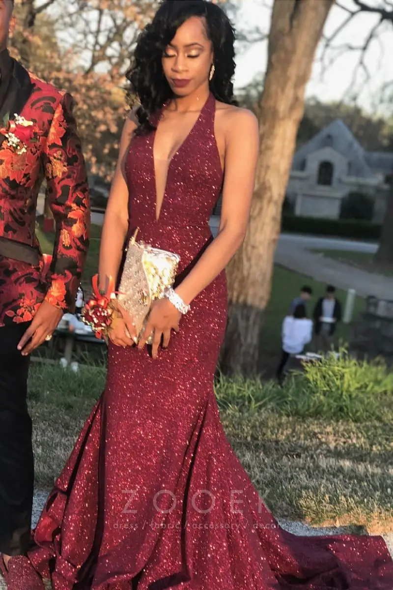 Burgundy Glitter Mermaid African American Long Prom Dress - ZOOEK