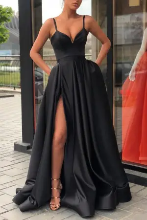 sexy yet elegant black satin slit long designer prom gown