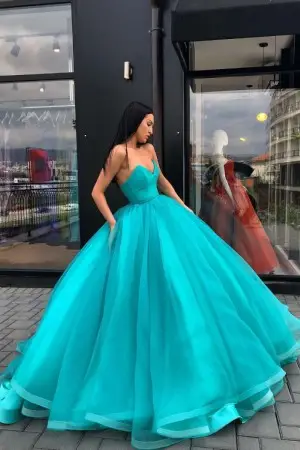 strapless v neck turquoise tulle sweet 16 ball gown dress