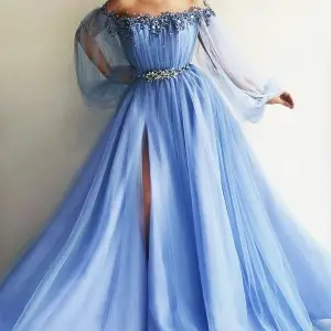 sheer long sleeve off shoulder beaded blue formal dress