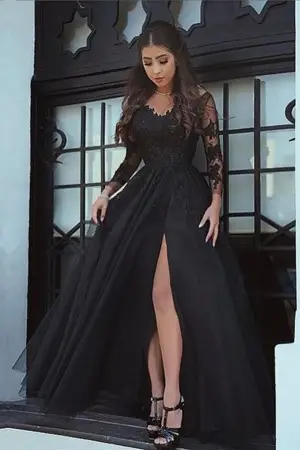timeless black lace and tulle long sleeve slit prom dress