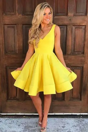 bright yellow v neck knee length casual party dress