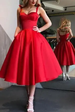 red satin corset bodice tea length party ball gown dress