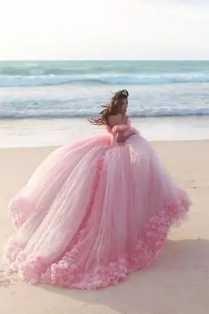 luxury 3d flowers candy pink tulle quinceanera dress