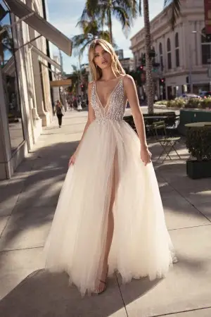 sexy sheer nude tulle beaded v neck evening prom dress