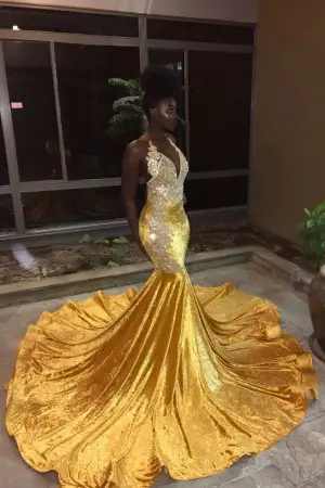 shimmering yellow velvet mermaid long train prom dress