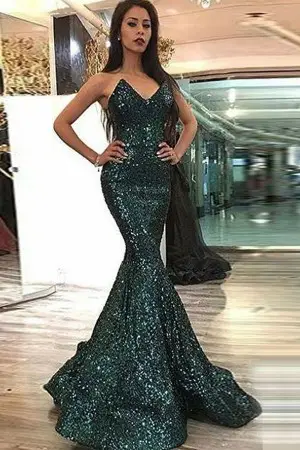 strapless v neck dark green sequin mermaid prom dress