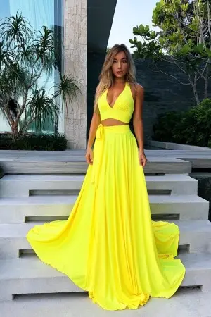 bright yellow jersey sexy two piece halter prom dress