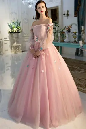 fairytale 3d flowers baby pink off shoulder ball gown