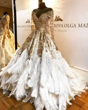 luxury gold glitter white big feather celebration gown
