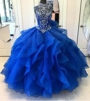 sparkling beaded cap sleeve royal blue ruffled ball gown
