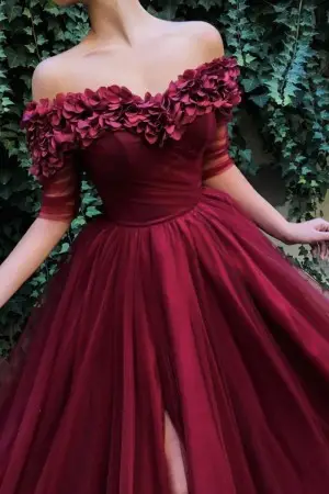 handmade rose petals off shoulder dark red formal dress