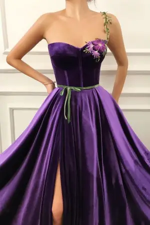 purple velvet flower and leaf strap long evening gown
