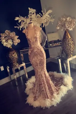 geometric rose gold sequin feather mermaid prom dress