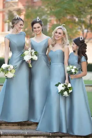 cool ice blue satin long mismatched bridesmaid dresses