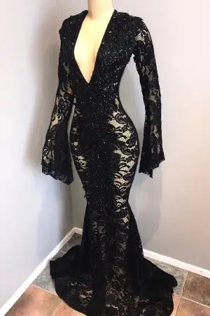 beaded black lace bell sleeve see through prom dress
