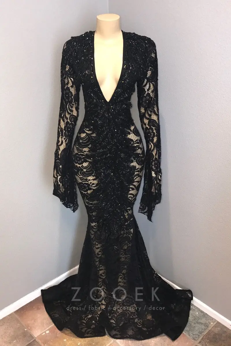 beaded floral black see through lace vintage long prom gown