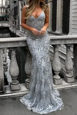 silver sequins light gray lining long evening prom dress