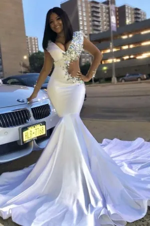 diamond beaded asymmetrical cut out white long prom dress