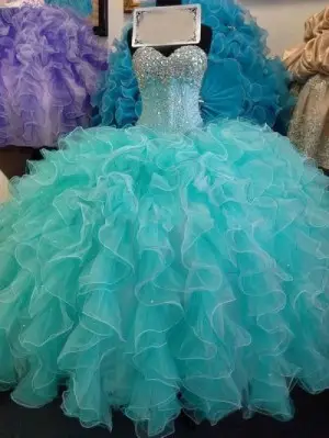 crystals beaded ruffled aqua organza quinceanera gown